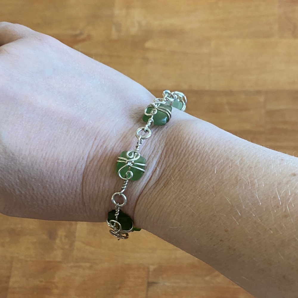 Sterling Silver Green Sea Glass Wire-Wrapped Bracelet - Picture 2 of 6